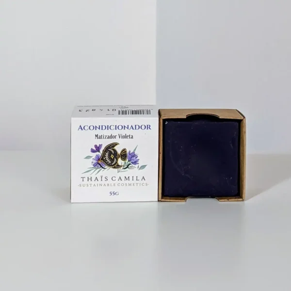 Acondicionador sólido matizador para cabellos rubios, blancos y grises. Tipo de producto: acondicionador sólido violeta. Marca: Thaïs Camila.